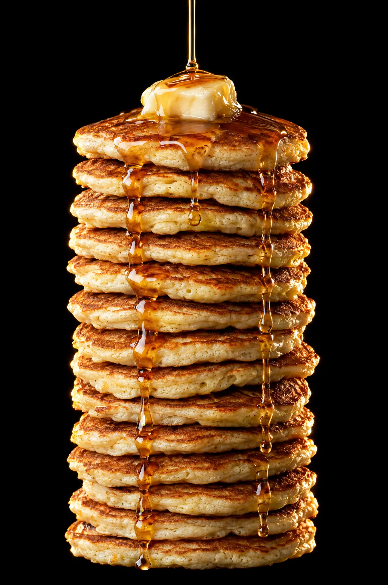 A tall stack of pancakes with butter and syrup